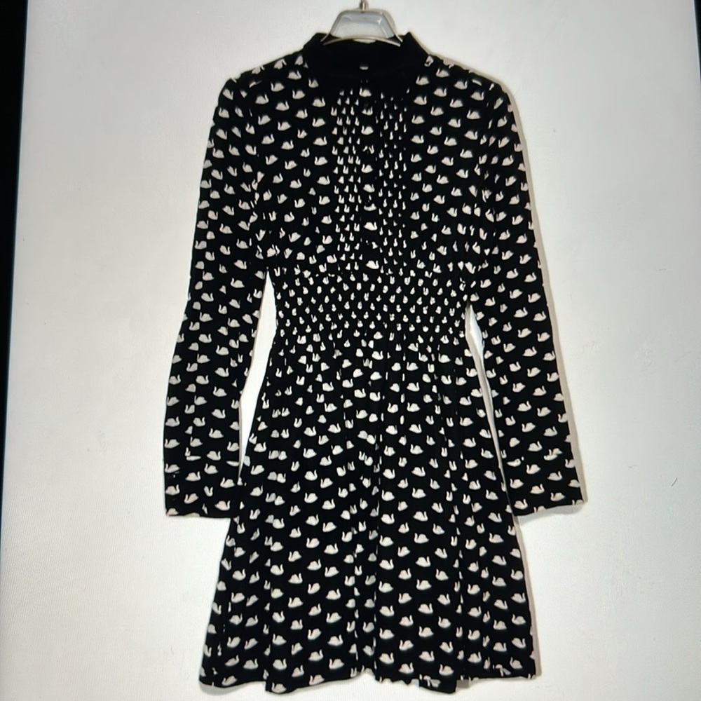 Kate Spade Swan Print Black & White Silk Rayon Dress, XS